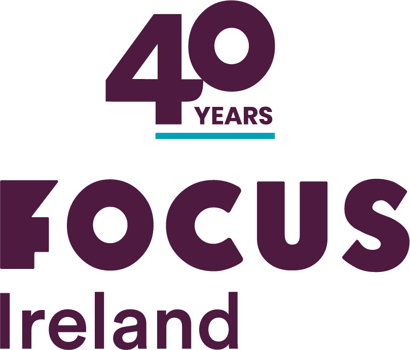 large-Focus 40 year transparent background aubergine writitng Everyone has the right to a place they can call home. In Ireland there are over 16,000 people experiencing homelessness. Help us to end homelessness for good. Learn more at FocusIreland.ie